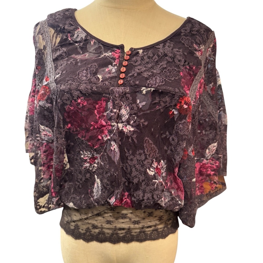 Free People Black Floral Lace Overlay Dolman Sleeve Blouse Top XS